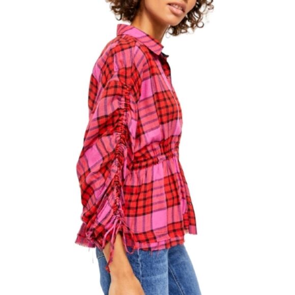 Free PEOPLE Pacific Dawn Plaid Red Combo button Up Wool Blend Top - Picture 3 of 6